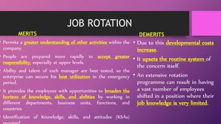 JOB ROTATION
MERITS
• Permits a greater understanding of other activities within the
company.
• People are prepared more rapidly to accept greater
responsibility, especially at upper levels.
• Ability and talent of each manager are best tested, so the
enterprise can secure his best utilization in the emergency
period.
• It provides the employees with opportunities to broaden the
horizon of knowledge, skills, and abilities by working in
different departments, business units, functions, and
countries
• Identification of Knowledge, skills, and attitudes (KSAs)
DEMERITS
• Due to this developmental costs
increase.
• It upsets the routine system of
the concern itself.
• An extensive rotation
programme can result in having
a vast number of employees
shifted in a position where their
job knowledge is very limited.
 
