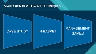 SIMULATION DEVELOMENT TECHNIQUES
CASE STUDY IN-BASKET
MANAGEMENT
GAMES
20
 