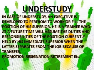 UNDERSTUDY
IN CASE OF UNDERSTUDY, AN EXECUTIVE IS
DEVELOPED TO PERFROM TO WORK OR FILL THE
POSITION OF HIS SUPERIOR. HE IS A TRAINEE WHO
AT A FUTURE TIME WILL ASSUME THE DUTIES AND
RESPONSIBILITIES OF THE POSITION CURRENTLY
HELD BY HIS IMMEDIATE SUPERIOR WHEN THE
LATTER SEPARATES FROM THE JOB BECAUSE OF
TRANSFER,
PROMOTION,RESIGNATION,RETIREMENT Etc.
 