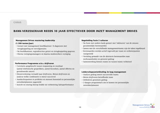 Casus



bank-verzekeraar reeDs 10 Jaar effeCtiever Door inzet management Drives


 management Drives mastering leadership                                       begeleiding fusie 2 culturen
 (1.500 testen/jaar)                                                          • Na fusie met andere bank gestart met ‘inkleuren’ van de nieuwe
 • Gestart met management hoofdkantoor: ½-dagsessie met                        gezamenlijke kernwaarden
   terugkoppeling en vervolgsessies                                           • Samen met de verschillende managementteams zijn de taken ingekleurd
 • Na hoofdkantoor, regiodirecties getest en terugkoppeling gegeven           • kernwaarden werden actief ingevuld per team en verbeterpunten
 • Hierna vestigingsmanagers en daarna medewerkers vestiging                   vastgesteld
                                                                              • Vertaling gemaakt van de abstracte kernwaarden naar
                                                                               werkzaamheden en gewenst gedrag
                                                                              • Samenwerking binnen teams en tussen teams verbeterd
 performance programma o.b.v. drijfveren
 • Correlatie aangebracht tussen inspanning en resultaat
  (aantal telefonische gesprekken, aantal bezoeken, aantal offertes en
  gerealiseerde omzet)                                                        leiderschapsontwikkeling 2e laag management
 • Dienstverlening vertaald naar drijfveren. Meten drijfveren en              • analyse gedrag meest succesvolle teams
  analyse welke combinatie is meest succesvol                                 • Meten drijfveren betreffende team
 • aandachtspunten in profielen en mensen benoemd en persoonlijke             • Definiëren gewenste gedrag
  ontwikkelplannen opgesteld                                                  • 2-daagse programma’s om te komen tot persoonlijke
 • Inzicht en sturing hierop leidde tot verbetering Salesperformance           ontwikkelplannen




                                                                         13
 
