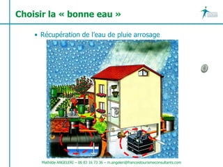 Choisir la « bonne eau »

    • Récupération de l’eau de pluie arrosage




      Mathilde ANGELERI – 06 83 16 73 36 – m.angeleri@francoistourismeconsultants.com
 