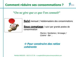 Comment réduire ses consommations ?

    "On ne gère que ce que l'on connaît"

                    Suivi mensuel / hebdomadaire des consommations

                    Sous comptage / suivi par grands postes de
                    consommation
                                               Piscine / Sanitaires / Arrosage /
                                               Cuisine - Bar …



                     Pour construire des ratios
                    cohérents


     Mathilde ANGELERI – 06 83 16 73 36 – m.angeleri@francoistourismeconsultants.com
 