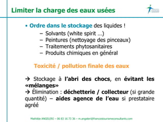 Limiter la charge des eaux usées

    • Ordre dans le stockage des liquides !
         – Solvants (white spirit …)
         – Peintures (nettoyage des pinceaux)
         – Traitements phytosanitaires
         – Produits chimiques en général

        Toxicité / pollution finale des eaux

     Stockage à l’abri des chocs, en évitant les
    «mélanges»
     Élimination : déchetterie / collecteur (si grande
    quantité) – aides agence de l’eau si prestataire
    agréé

      Mathilde ANGELERI – 06 83 16 73 36 – m.angeleri@francoistourismeconsultants.com
 