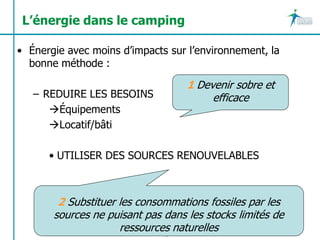 L’énergie dans le camping

• Énergie avec moins d’impacts sur l’environnement, la
  bonne méthode :

                                                     1 Devenir sobre et
   – REDUIRE LES BESOINS                                  efficace
      Équipements
      Locatif/bâti

      • UTILISER DES SOURCES RENOUVELABLES



        2 Substituer les consommations fossiles par les
       sources ne puisant pas dans les stocks limités de
                               ressources naturelles
        Mathilde ANGELERI – 06 83 16 73 36 – m.angeleri@francoistourismeconsultants.com
 