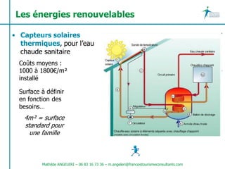 Les énergies renouvelables

• Capteurs solaires
  thermiques, pour l’eau
  chaude sanitaire
  Coûts moyens :
  1000 à 1800€/m²
  installé

  Surface à définir
  en fonction des
  besoins…
   4m² = surface
   standard pour
     une famille



          Mathilde ANGELERI – 06 83 16 73 36 – m.angeleri@francoistourismeconsultants.com
 