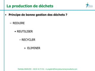La production de déchets

• Principe de bonne gestion des déchets ?

   – REDUIRE

      • REUTILISER

          – RECYCLER

                » ELIMINER




        Mathilde ANGELERI – 06 83 16 73 36 – m.angeleri@francoistourismeconsultants.com
 