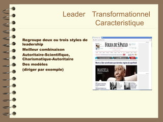 Leader Transformationnel
Caracteristique
Regroupe deux ou trois styles de
leadership
Meilleur combinaison
Autoritaire-Scientifique,
Charismatique-Autoritaire
Des modèles
(diriger par exemple)
 