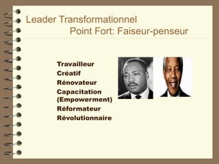 Leader Transformationnel
Point Fort: Faiseur-penseur
Travailleur
Créatif
Rénovateur
Capacitation
(Empowerment)
Réformateur
Révolutionnaire
 