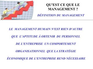 QU'EST CE QUE LE
MANAGEMENT ?
DÉFINITION DU MANAGEMENT
LE MANAGEMENT HUMAIN N'EST RIEN D'AUTRE
QUE L'APTITUDE À OBTENIR DU PERSONNEL
DE L'ENTREPRISE UN COMPORTEMENT
ORGANISATIONNEL QUE LA STRATÉGIE
ÉCONOMIQUE DE L'ENTREPRISE REND NÉCESSAIRE
 