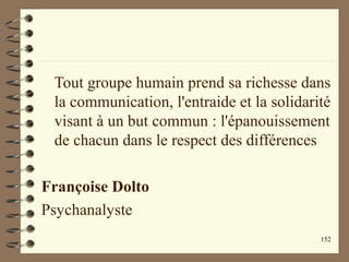 152
Tout groupe humain prend sa richesse dans
la communication, l'entraide et la solidarité
visant à un but commun : l'épanouissement
de chacun dans le respect des différences
Françoise Dolto
Psychanalyste
 