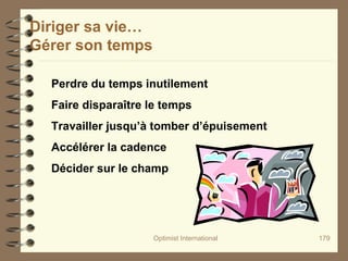 Optimist International 179
Diriger sa vie…
Gérer son temps
Perdre du temps inutilement
Faire disparaître le temps
Travailler jusqu’à tomber d’épuisement
Accélérer la cadence
Décider sur le champ
 