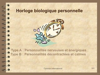 Optimist International 181
Horloge biologique personnelle
Type A : Personnalités nerveuses et énergiques
Type B : Personnalités décontractées et calmes
 