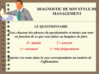 DIAGNOSTIC DE SON STYLE DE
MANAGEMENT
LE QUESTIONNAIRE
Lisez chacune des phrases du questionnaire et mettez une note
en fonction de ce que vous faites ou imaginez de faire
0 = jamais 2 = souvent
1 = rarement 3 = très fréquemment
Reportez vos notes dans la case correspondante au numéro de
l'affirmation
 