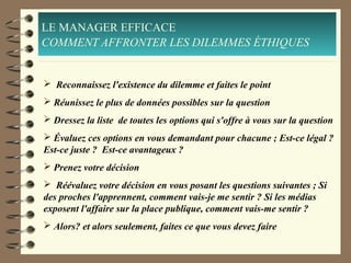 LE MANAGER EFFICACE
COMMENT AFFRONTER LES DILEMMES ÉTHIQUES
 Reconnaissez l'existence du dilemme et faites le point
 Réunissez le plus de données possibles sur la question
 Dressez la liste de toutes les options qui s'offre à vous sur la question
 Évaluez ces options en vous demandant pour chacune ; Est-ce légal ?
Est-ce juste ? Est-ce avantageux ?
 Prenez votre décision
 Réévaluez votre décision en vous posant les questions suivantes ; Si
des proches l'apprennent, comment vais-je me sentir ? Si les médias
exposent l'affaire sur la place publique, comment vais-me sentir ?
 Alors? et alors seulement, faites ce que vous devez faire
 