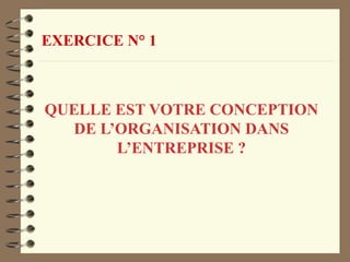 EXERCICE N° 1
QUELLE EST VOTRE CONCEPTION
DE L’ORGANISATION DANS
L’ENTREPRISE ?
 