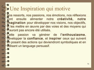 2. Une Inspiration qui motive
Nos ressorts, nos passions, nos émotions, nos réflexions
vont ensuite alimenter notre créativité, notre
imagination pour développer nos visions, nos objectifs,
et les mettre en œuvre par des voies et des moyens qui
n’auront pas encore été utilisés.
Cette passion va générer de l’enthousiasme,
développer la confiance, et inspirer ceux qui suivent
en posant des actions qui deviendront symboliques et en
utilisant un language persuasif.
71
 