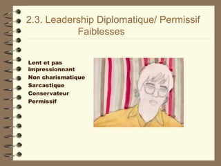 2.3. Leadership Diplomatique/ Permissif
Faiblesses
Lent et pas
impressionnant
Non charismatique
Sarcastique
Conservateur
Permissif
 