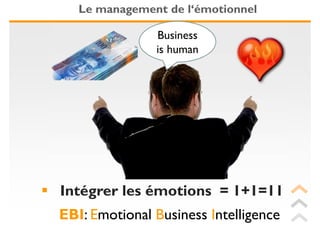 Le management de l‘émotionnel

               Business
               is human




Intégrer les émotions = 1+1=11
EBI: Emotional Business Intelligence
 