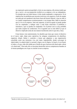 un empresario quiere prosperidad y éxito en una empresa, ella misma tendrá que
           dar y servir y en esa proporción recibirá en su empresa y de sus trabajadores.
           Un ejemplo que casi todos hemos vivido siendo empleados o empresarios. En la
           empresa hay un problema que necesita resolverse con urgencia, el jefe de equipo
           nos pide que nos quedemos más horas fuera del horario laboral, y que no sabe si
           va a poder compensarnos económicamente o con tiempo libre, dada la situación
           que se vive en la empresa. Ante este supuesto, el jefe de equipo se puede quedar
           con los empleados y trabajar codo a codo hasta solucionar el problema o
           marcharse y que se queden los empleados. En el primer caso es muy probable
           que todos acepten las condiciones. En el segundo caso es más difícil ya que el
           directivo implicado actúa de una manera incoherente entre lo que dice y hace.

        Como hemos visto anteriormente, los desafíos que tiene que vencer el directivo
en el nuevo siglo, dejan poco operativas las antiguas competencias de planificar,
organizar, dirigir, liderar y controlar y tienen que adaptarse a una organización
concebida como una estructura viva, por tanto, impredecible; donde convergen la
objetividad y la subjetividad, lo racional o lógico con lo ilógico, lo lineal y lo no-lineal,
el orden y el caos, todo ello teñido por el hecho de que el proceso del observador, afecta
a lo observado7. Para todo ello se necesitan desarrollar nuevas competencias basadas en
el mismo paradigma con el que se concibe la nueva empresa.




7
    Basado en todos los principios, anteriormente mencionados, de la mecánica cuántica. Ver notas 2 y 3.

                                                                                                      11
 