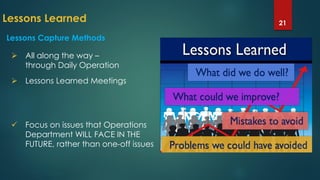 Lessons Learned 21
Lessons Capture Methods
 All along the way –
through Daily Operation
 Lessons Learned Meetings
 Focus on issues that Operations
Department WILL FACE IN THE
FUTURE, rather than one-off issues
 