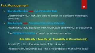 Risk Management 31
 Risk Identification List of Potential Risks
Determining WHICH RISKS are likely to affect the company meeting its
objectives
 Risk Analysis Prioratized Risk List by Criticality
PRIORITIZING RISKS based on their PROBABILITY and IMPACT of occurrence
The CRITICALITY OF RISK is based upon two parameters:
Risk Criticality = Severity (S) * Probability of Occurrence (O)
Severity (S) – this is the seriousness of the risk impact
Probability of Occurrence (O) – this is the probability that risk will occur
 