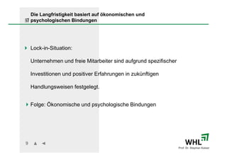 Die Langfristigkeit basiert auf ökonomischen und
    psychologischen Bindungen




    Lock-in-Situation:

    Unternehmen und freie Mitarbeiter sind aufgrund spezifischer

    Investitionen und positiver Erfahrungen in zukünftigen

    Handlungsweisen festgelegt.


    Folge: Ökonomische und psychologische Bindungen




9
                                                                   Prof. Dr. Stephan Kaiser
 
