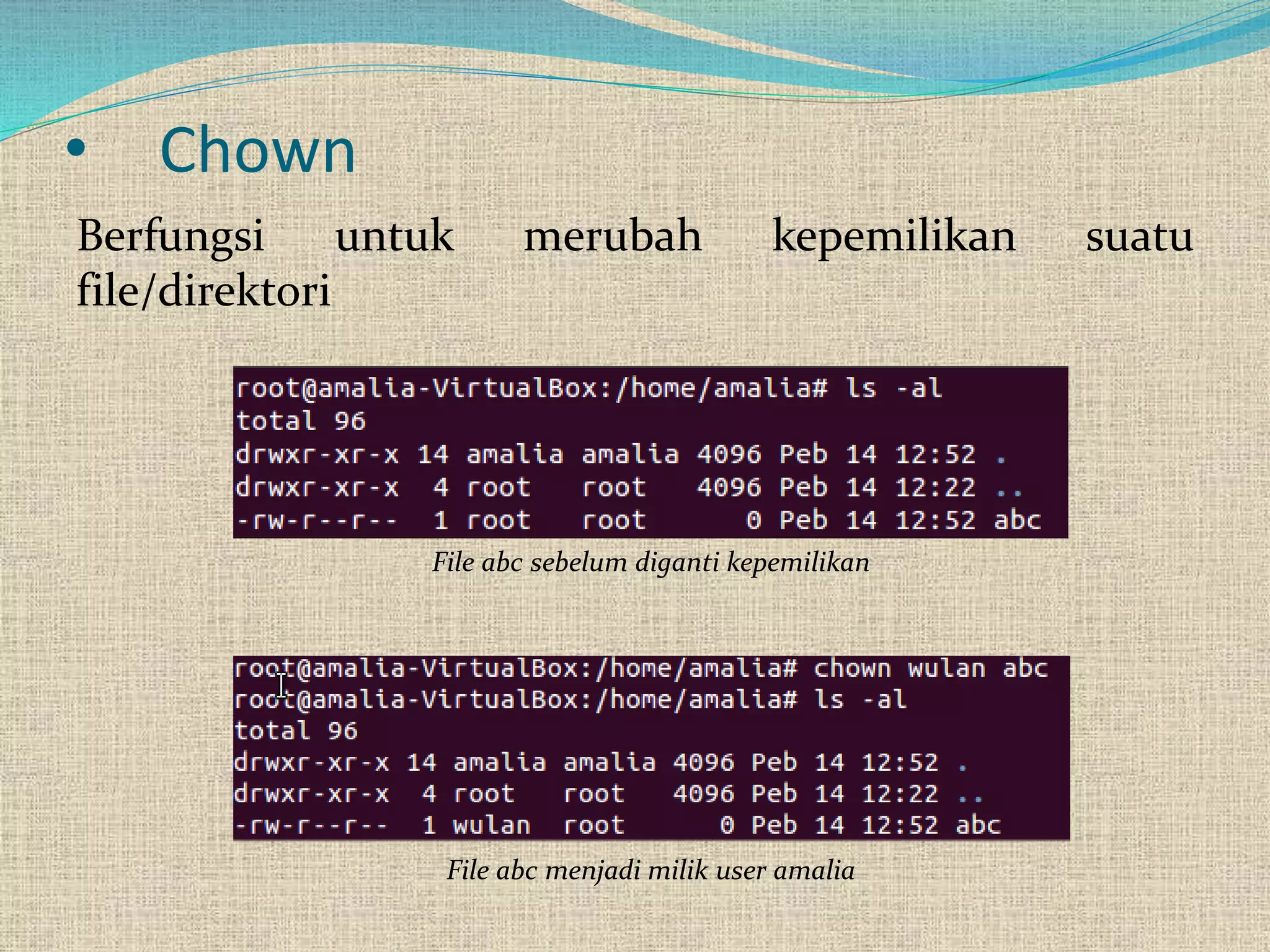 • Chown
Berfungsi untuk merubah kepemilikan suatu
file/direktori
File abc sebelum diganti kepemilikan
File abc menjadi milik user amalia
 