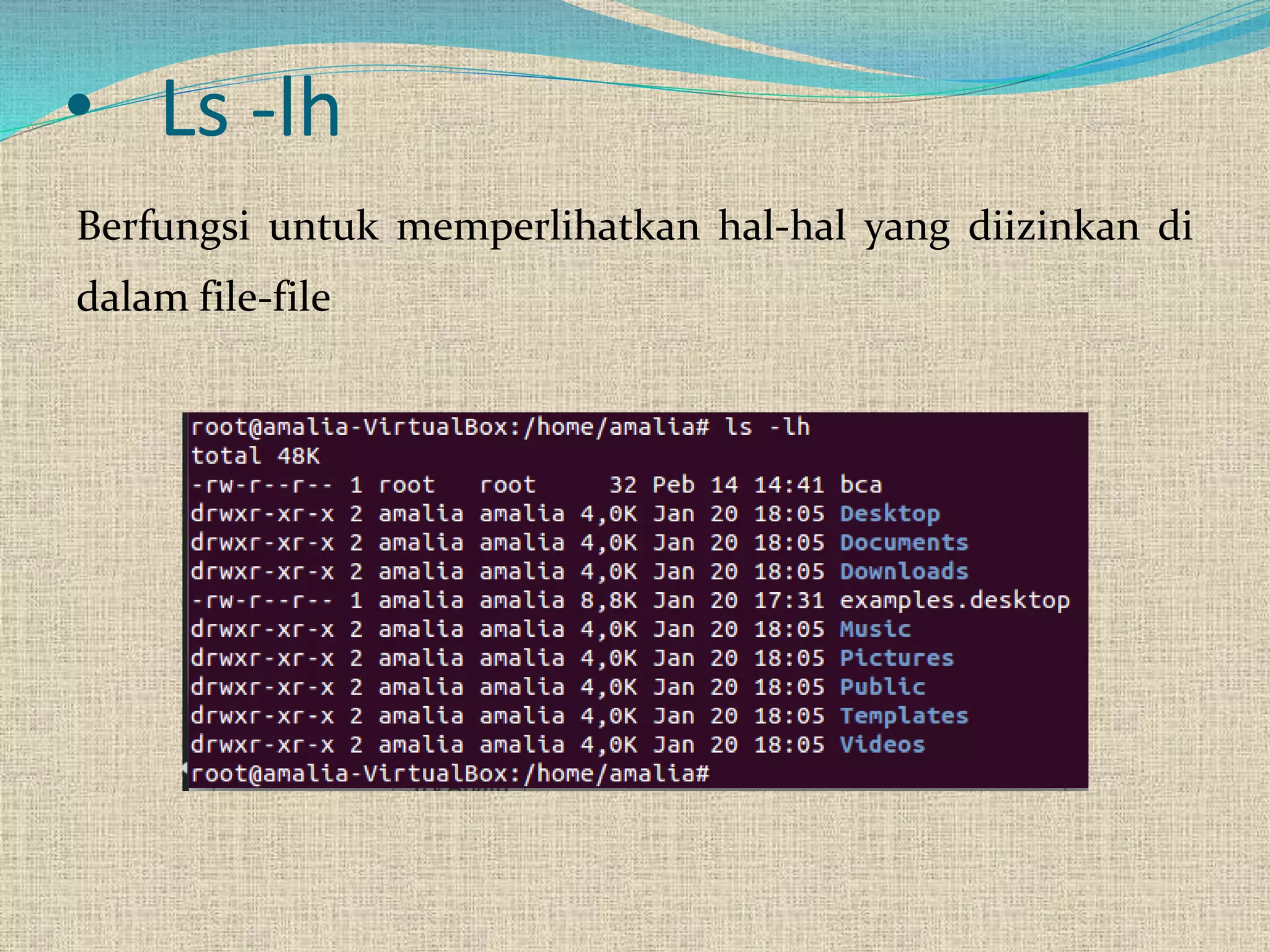 • Ls -lh
Berfungsi untuk memperlihatkan hal-hal yang diizinkan di
dalam file-file
 