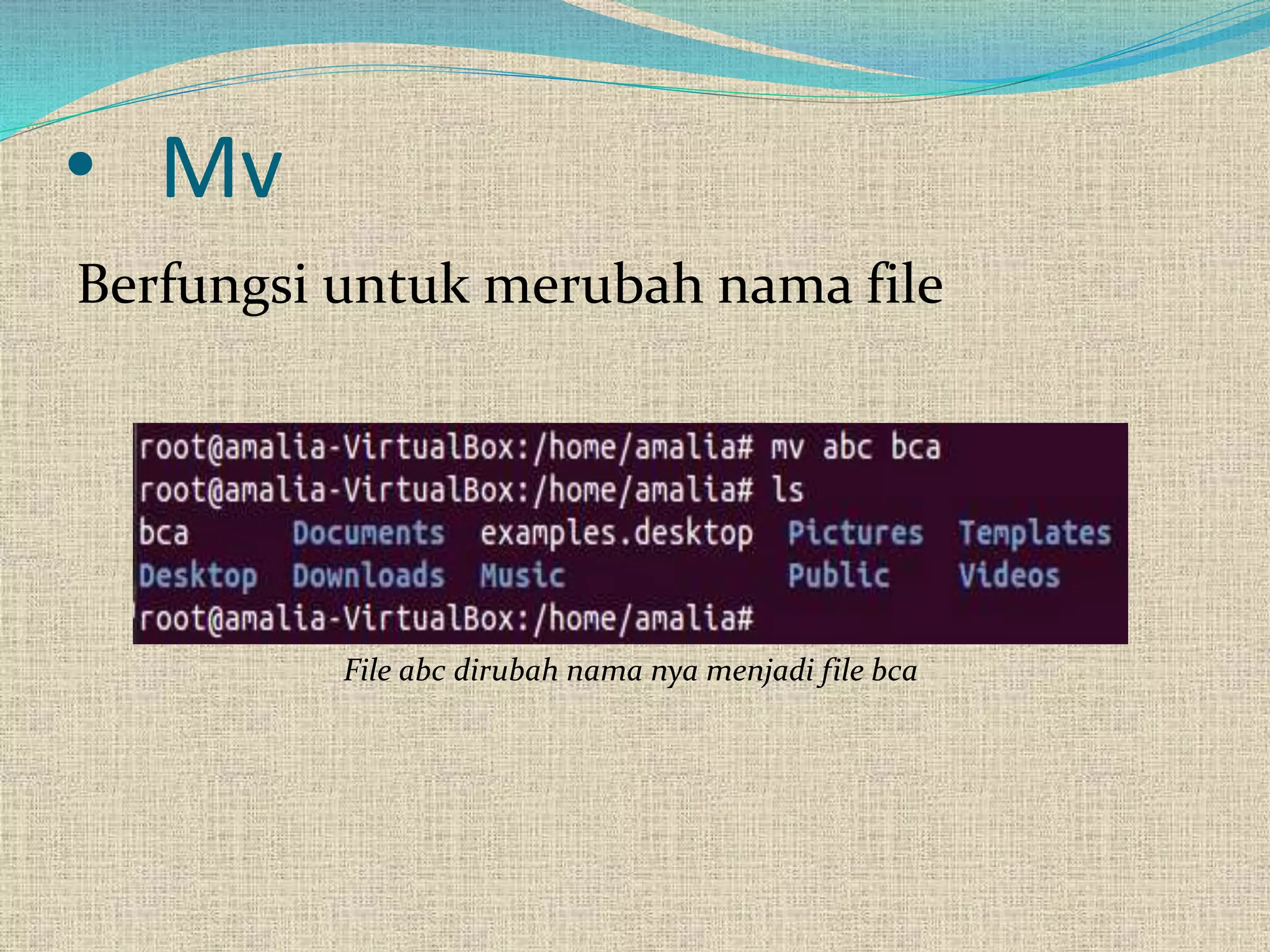 • Mv
Berfungsi untuk merubah nama file
File abc dirubah nama nya menjadi file bca
 