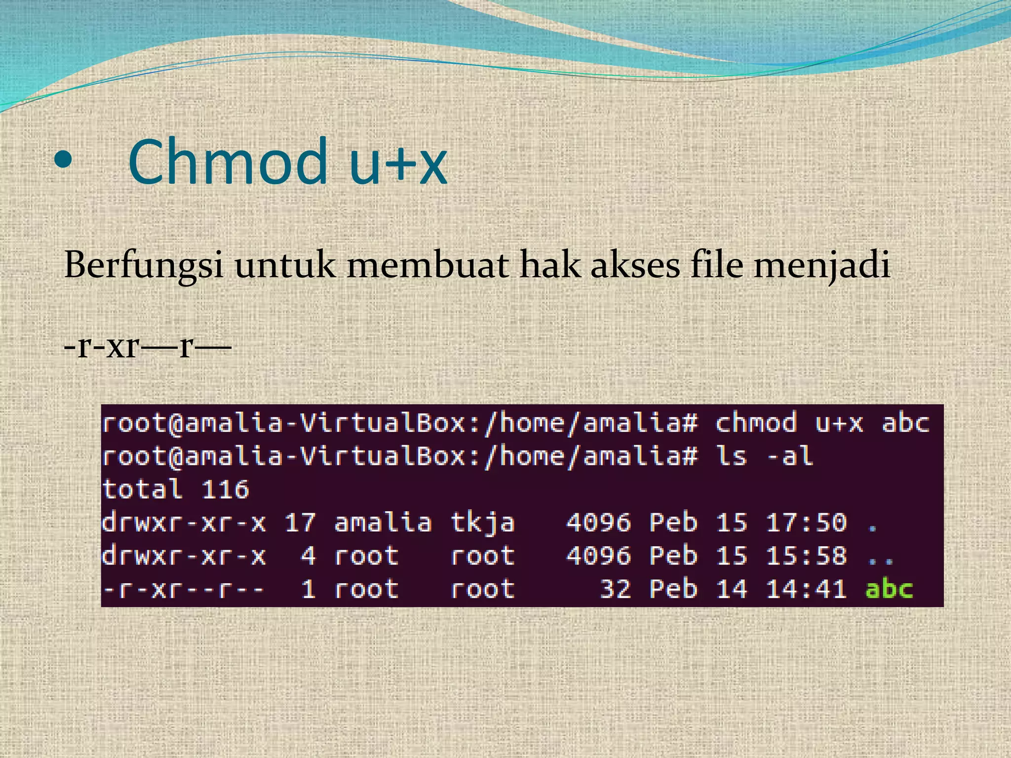 • Chmod u+x
Berfungsi untuk membuat hak akses file menjadi
-r-xr—r—
 