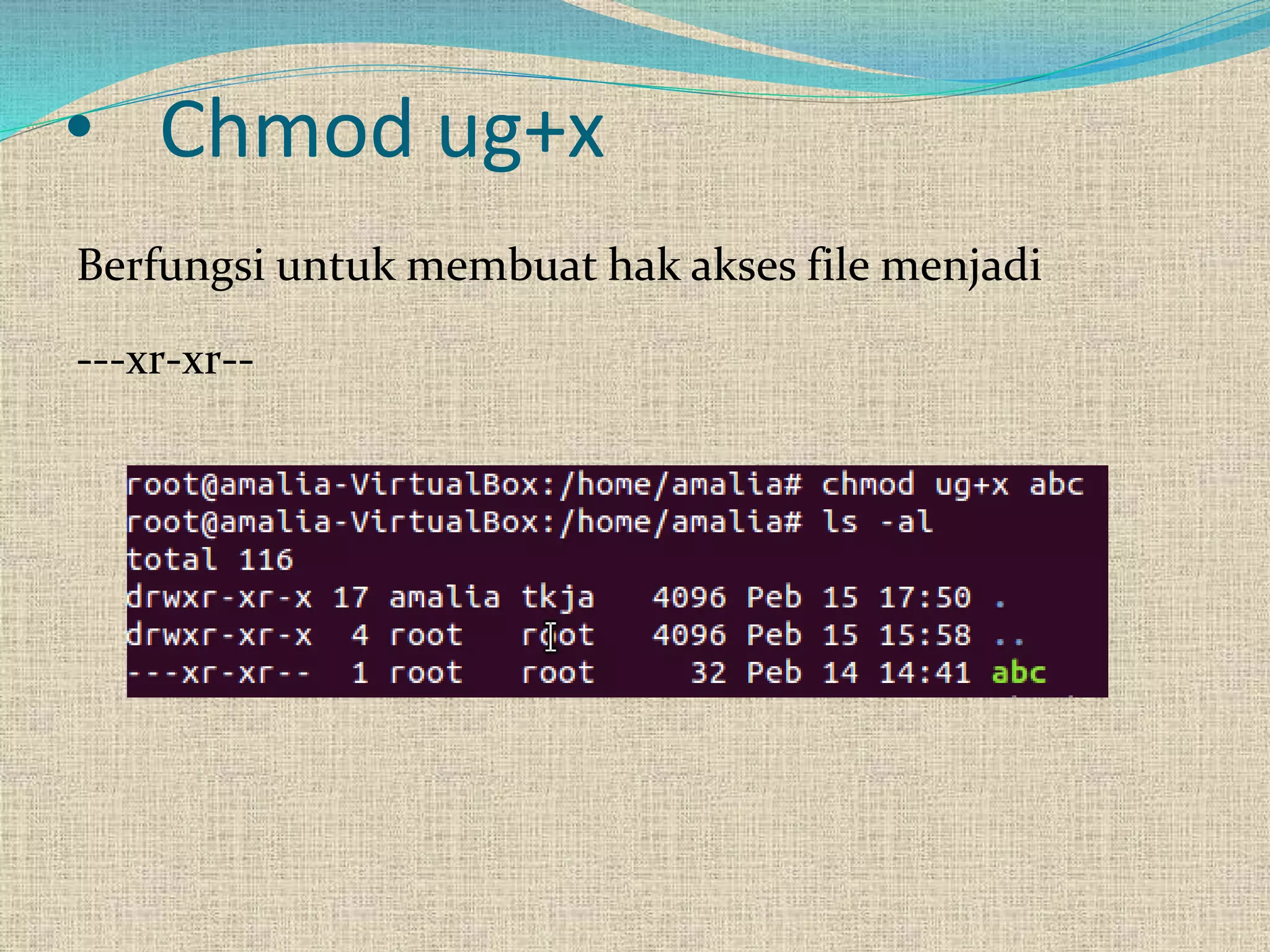 • Chmod ug+x
Berfungsi untuk membuat hak akses file menjadi
---xr-xr--
 