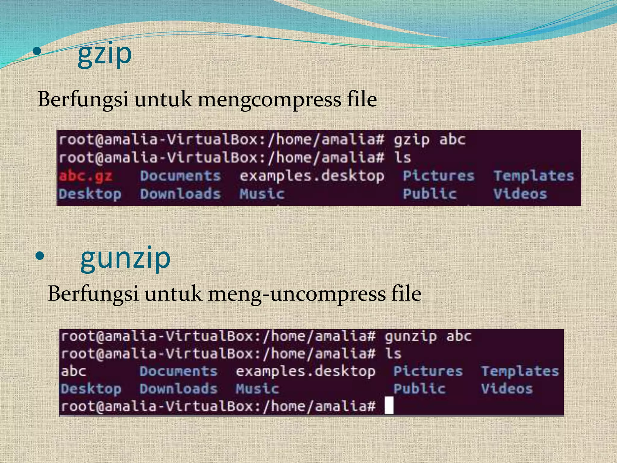 • gzip
Berfungsi untuk mengcompress file
• gunzip
Berfungsi untuk meng-uncompress file
 