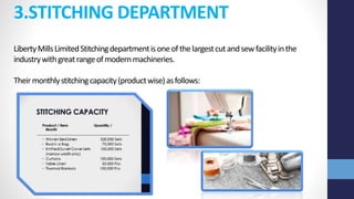 3.STITCHING DEPARTMENT
LibertyMillsLimitedStitchingdepartmentisoneofthelargestcutandsewfacilityinthe
industrywithgreatrangeofmodernmachineries.
Theirmonthlystitchingcapacity(productwise)asfollows:
 