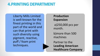 4.PRINTING DEPARTMENT
Liberty Mills Limited
is well-known for the
finest printing in this
part of the world and
can that print with
such diversity using
pigment, reactive,
puff / foam print
techniques.
Production
Expansion
a)250,000 pcs per
month.
b)more than 500
machines
Partner to the
Leading American
Healthcare Company
 