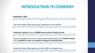 INTRODUCTION TO COMPANY
Established in 1964
One of the largest Textile processing & production unit in Pakistan
Production capacity of about 500,000 square meters of fabric per day.
Purpose of establishment was t to cater the demanding needs of the fashion industry
and to establish its name as a producer & exporter of quality fabric.
Follows Principles of Management strictly in 90% of its departments.
 