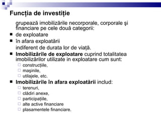 Funcţia de investiţie grupează imobilizările necorporale, corporale şi financiare pe cele două categorii: de exploatare  în afara exploatării indiferent de durata lor de viaţă.  Imobilizările de exploatare  cuprind totalitatea imobilizărilor utilizate in exploatare cum sunt: construcţiile, maşinile, utilajele, etc. Imobilizările în afara exploatării  includ: terenuri, clădiri anexe, participaţiile, alte active financiare plasamentele financiare.  