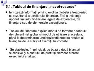 5.1. Tabloul de finanţare „nevoi-resurse” furnizează informaţii privind evoliţia globală a trezoreriei, ca rezultantă a echilibrului financiar, fără a evidenţia aportul fluxurilor financiare legate de exploatare, de finanţare sau de elementele excepţionale. Tabloul de finanţare explică modul de formare a fondului de rulment net global şi modul de utilizare a acestuia, până la determinarea unei trezorerii nete ca retultat al bilanţului de la sfârşitul exerciţiului contabil. Se stabileşte, în principal, pe baza a două bilanţuri succesive şi a contului de profit şi pierdere aferent exerciţiului analizat. 