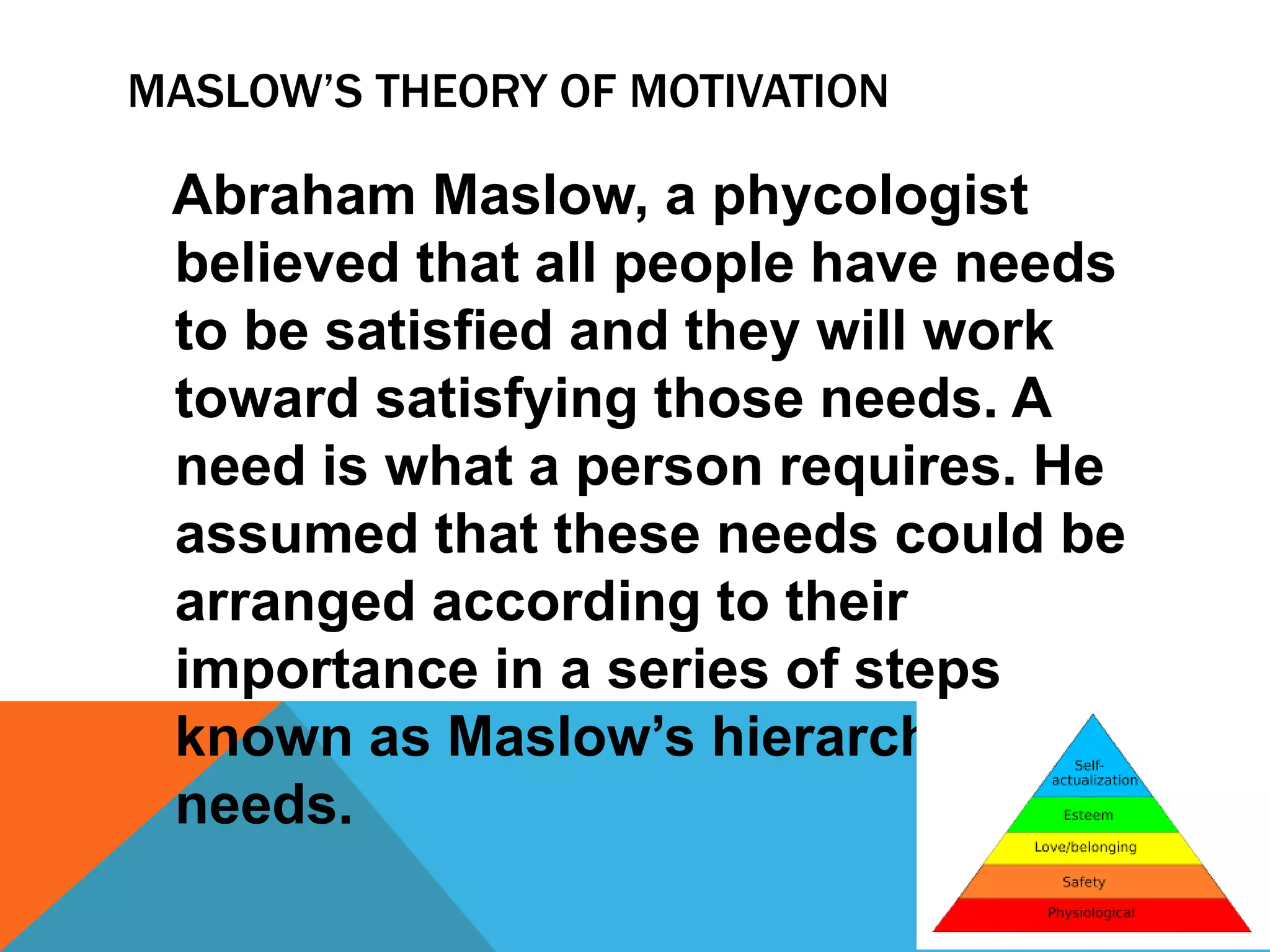 MASLOW’S THEORY OF MOTIVATION
Abraham Maslow, a phycologist
believed that all people have needs
to be satisfied and they will work
toward satisfying those needs. A
need is what a person requires. He
assumed that these needs could be
arranged according to their
importance in a series of steps
known as Maslow’s hierarchy of
needs.
 