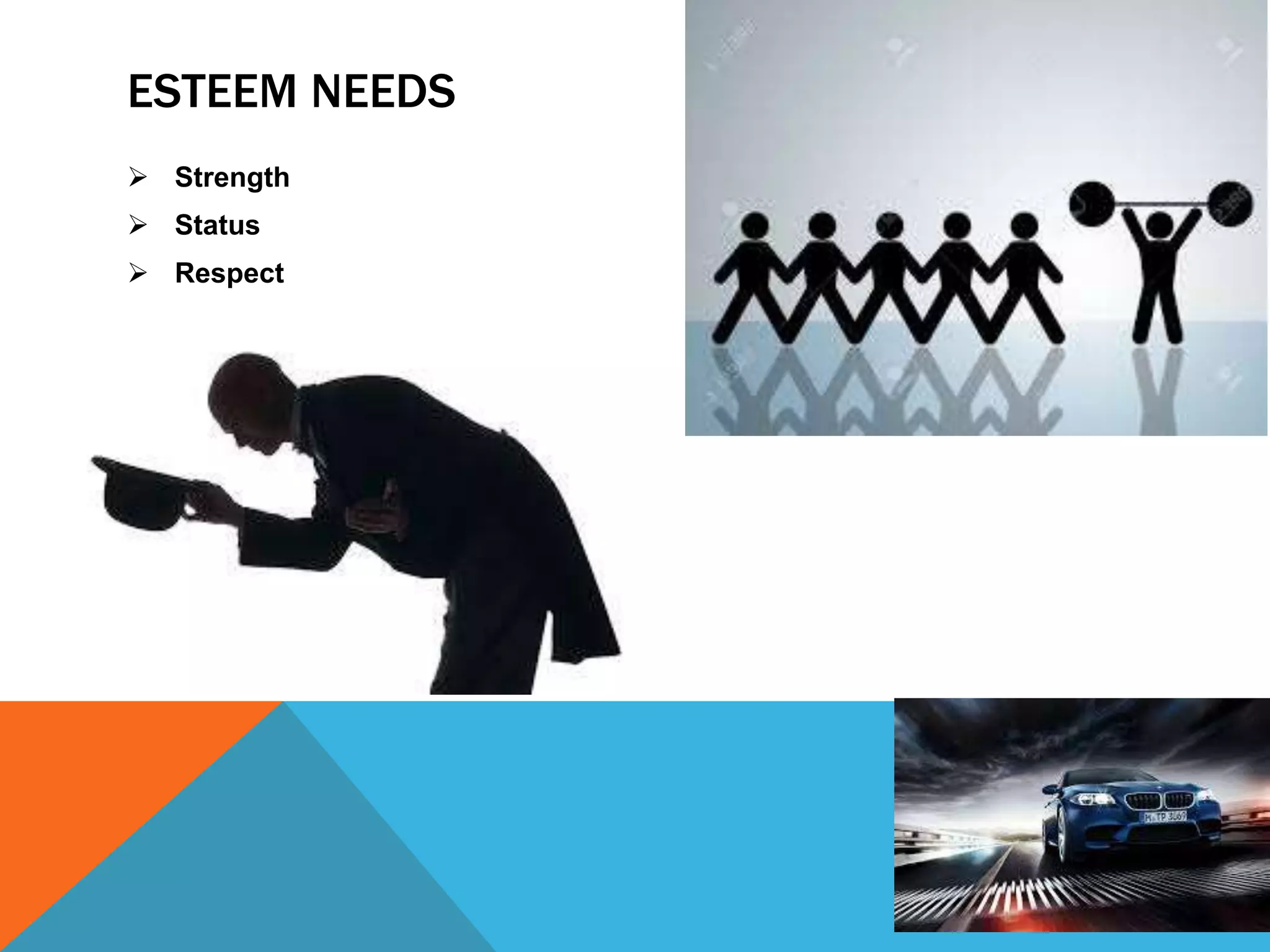 ESTEEM NEEDS
 Strength
 Status
 Respect
 
