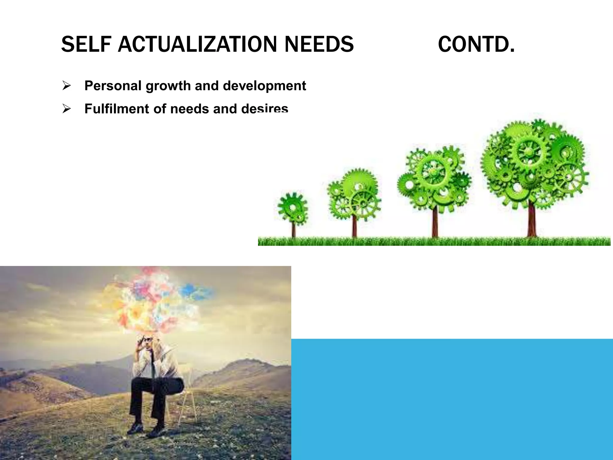 SELF ACTUALIZATION NEEDS CONTD.
 Personal growth and development
 Fulfilment of needs and desires
 