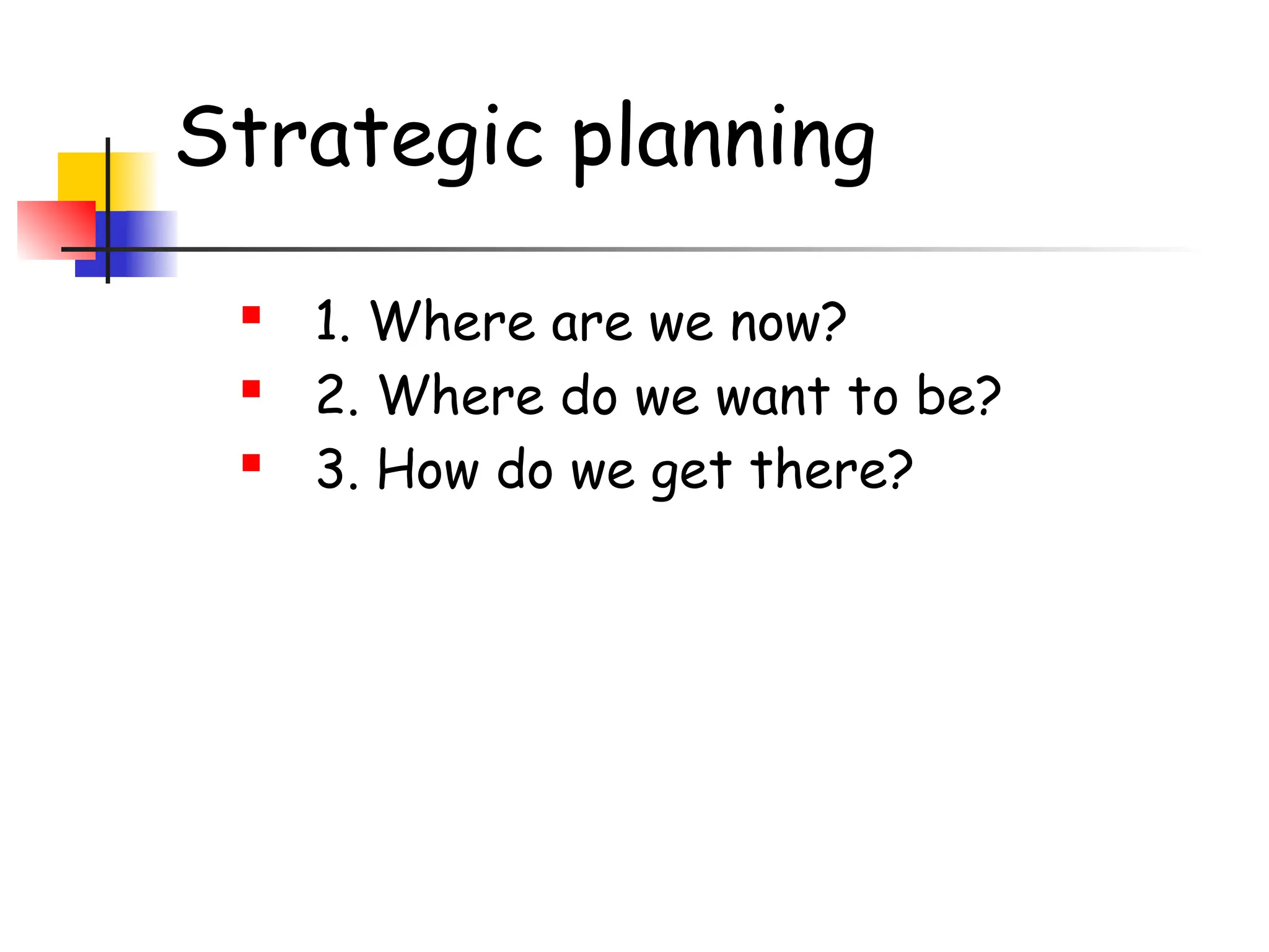 Strategic planning
 1. Where are we now?
 2. Where do we want to be?
 3. How do we get there?
 