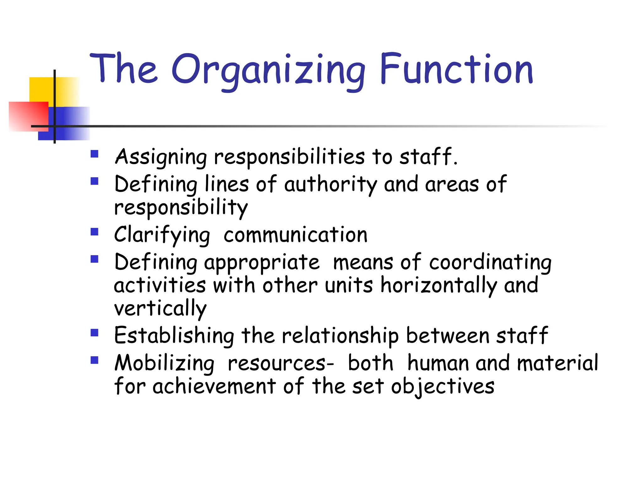 The Organizing Function
 Assigning responsibilities to staff.
 Defining lines of authority and areas of
responsibility
 Clarifying communication
 Defining appropriate means of coordinating
activities with other units horizontally and
vertically
 Establishing the relationship between staff
 Mobilizing resources- both human and material
for achievement of the set objectives
 