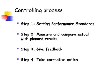 Controlling process
 Step 1: Setting Performance Standards
 Step 2: Measure and compare actual
with planned results
 Step 3. Give feedback
 Step 4. Take corrective action
 