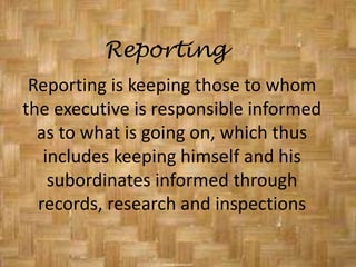 BudgetingBudgeting, with all that goes with budgeting in the form of fiscal planning, accounting and control.  Referencehttp:// www.vectorstudy.com/management theories/POSDORB.htm