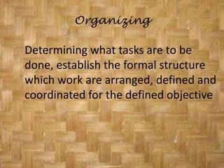 The acronym which formulates the responsibility of a chief executive or administrator stands for: Planning, Organizing, Staffing, Direction, Coordinating, Reporting, and Budgeting.PlanningIs defining goals, establishing strategy to meet them, establish plans to coordinate activities, outline methods for doing them to accomplish purpose set by the cooperative.