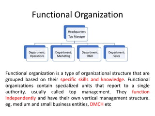 Functional Organization
Functional organization is a type of organizational structure that are
grouped based on their specific skills and knowledge. Functional
organizations contain specialized units that report to a single
authority, usually called top management. They function
independently and have their own vertical management structure.
eg, medium and small business entities, DMCH etc
 