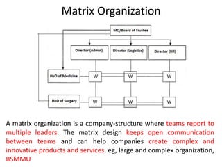 Matrix Organization
A matrix organization is a company-structure where teams report to
multiple leaders. The matrix design keeps open communication
between teams and can help companies create complex and
innovative products and services. eg, large and complex organization,
BSMMU
 