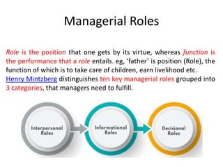 Managerial Roles
Role is the position that one gets by its virtue, whereas function is
the performance that a role entails. eg, ‘father’ is position (Role), the
function of which is to take care of children, earn livelihood etc.
Henry Mintzberg distinguishes ten key managerial roles grouped into
3 categories, that managers need to fulfill.
 