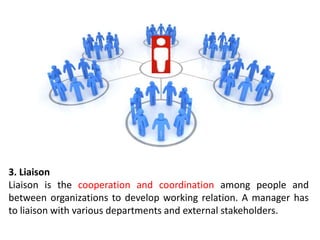 3. Liaison
Liaison is the cooperation and coordination among people and
between organizations to develop working relation. A manager has
to liaison with various departments and external stakeholders.
 
