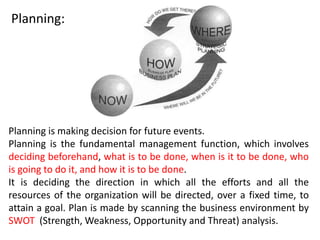 Planning is making decision for future events.
Planning is the fundamental management function, which involves
deciding beforehand, what is to be done, when is it to be done, who
is going to do it, and how it is to be done.
It is deciding the direction in which all the efforts and all the
resources of the organization will be directed, over a fixed time, to
attain a goal. Plan is made by scanning the business environment by
SWOT (Strength, Weakness, Opportunity and Threat) analysis.
Planning:
 